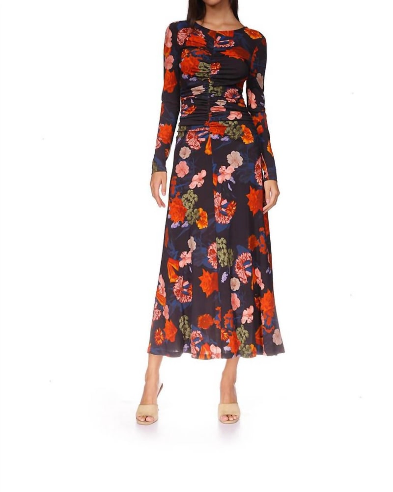 Front of a model wearing a size L Maisy Dress In Garden Flora Black in Garden Flora Black by Cara Cara. | dia_product_style_image_id:342654